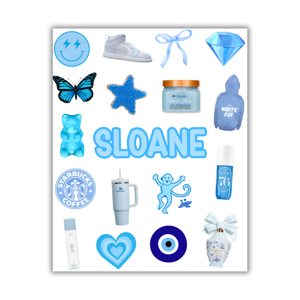 CUSTOM NAME BLUE PREPPY STICKER SHEET