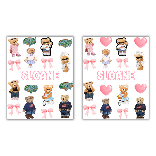 CUSTOM NAME BEARS N BOWS  STICKER SHEET